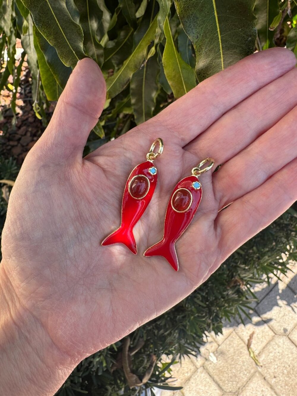 Red Fish Pendant Charm w Red & Turquoise Stone w LARGE Jump Ring Pair of 2 NEW